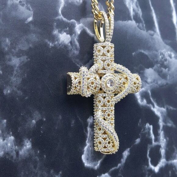 18"Cuban Chain + 14K Gold Finish Serpent Cross - Picture 4 of 12